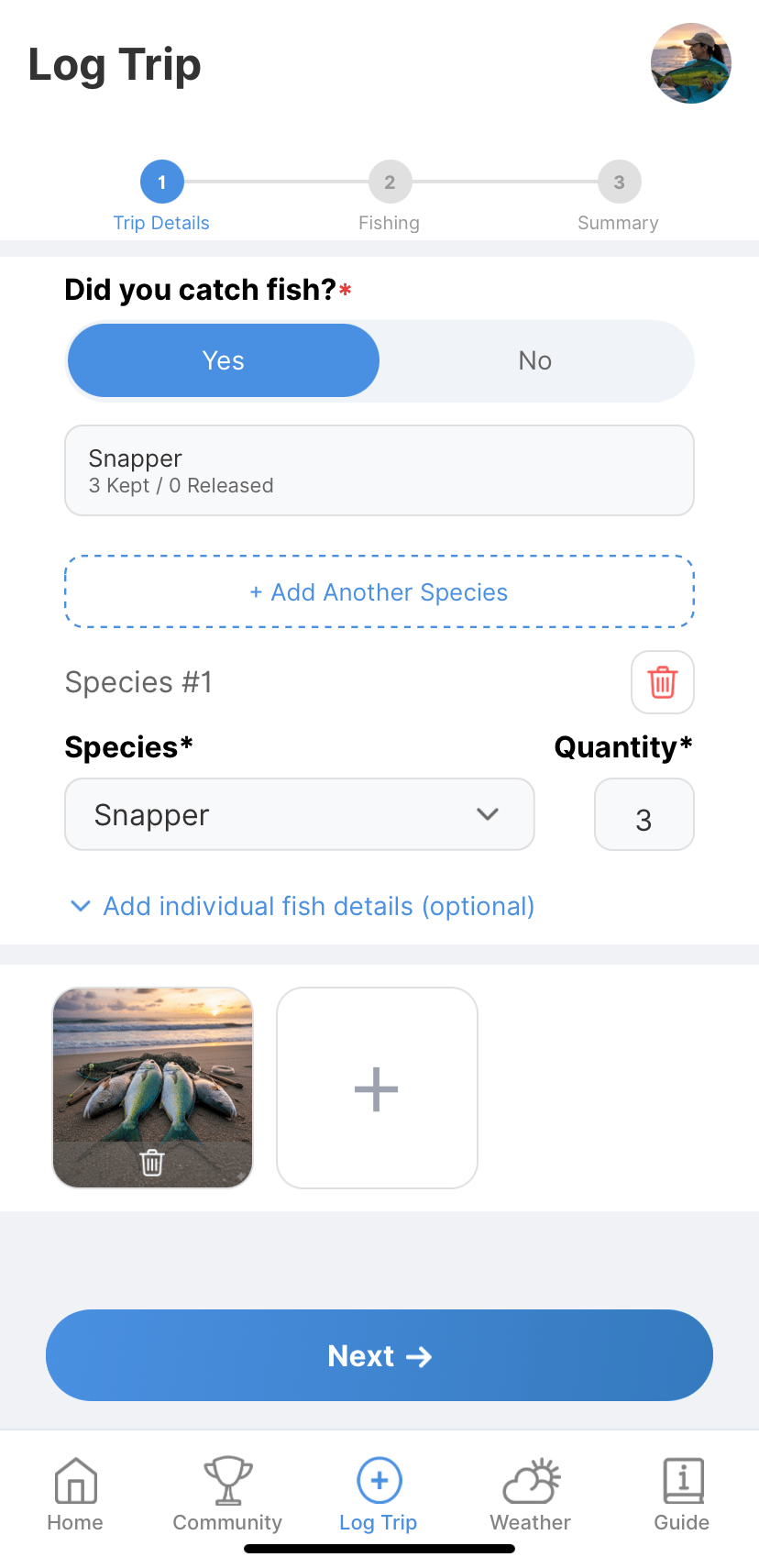 Screenshot of the easy-to-use catch logging screen.